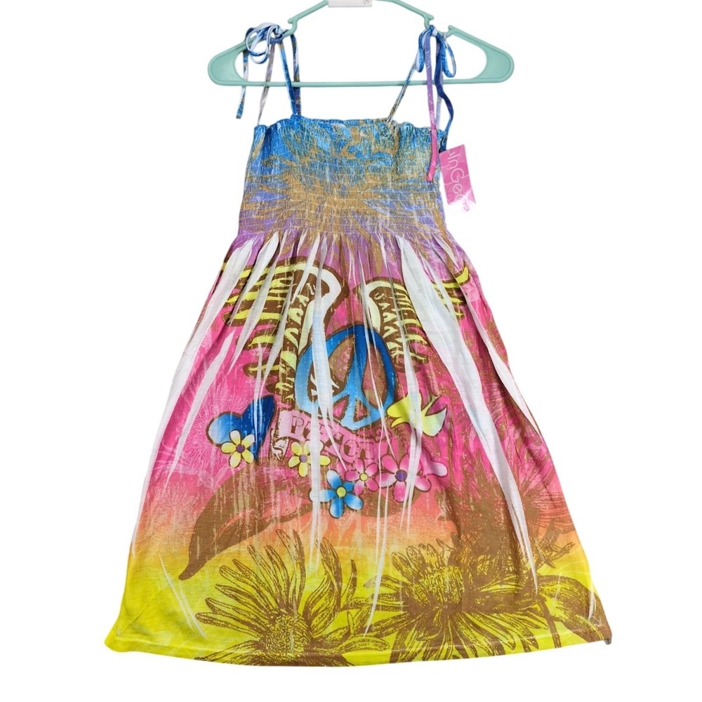 NWT InGear Pink Wing Peace Graphic Mini Dress Sz L Smocked Tie Straps Y2K Beach
